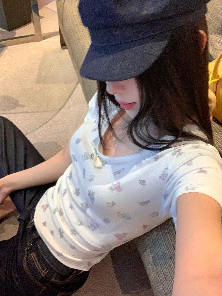 Bow Print U-Neck Short Sleeve Knitted Slim Fit Women's Bodycon Top