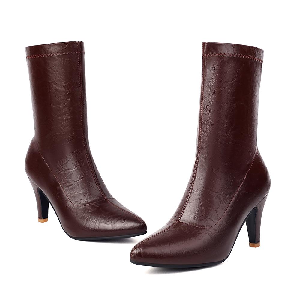 White Red Women Mid Calf Boots Pointed Toe High Spike Heel Small Big Size 33 47