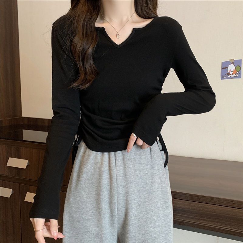 Women's Design Drawstring V-neck T-shirt Early Spring Autumn Short Style Covering the Belly Slimming Long Sleeves Trendy