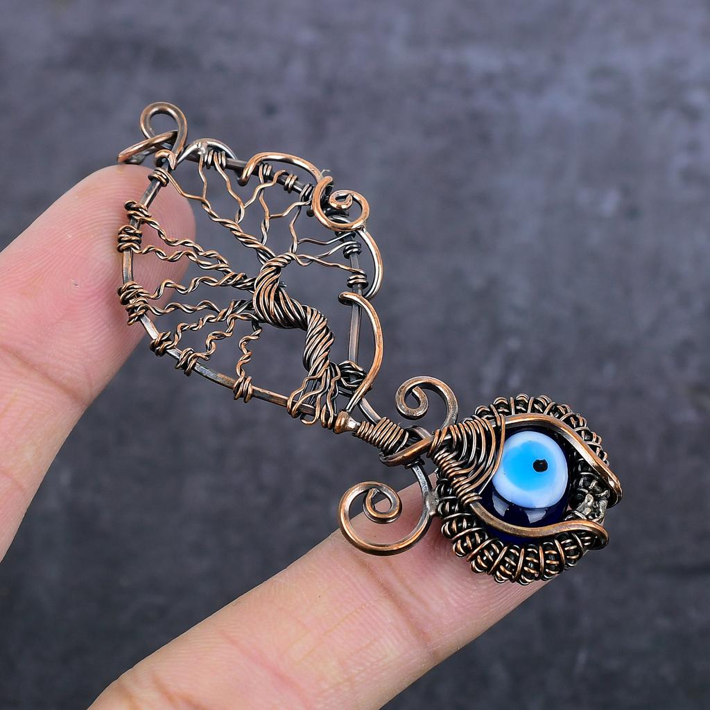Pendente Gioiello Naturale Occhio Malvagio Blu Pietra Preziosa Filo di Rame Avvolto 3,15" w3Q85