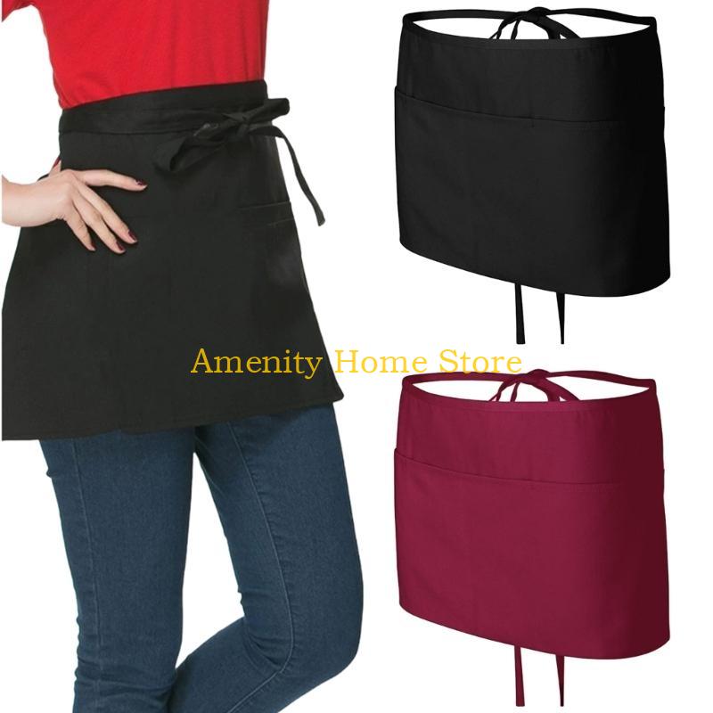 F26C Spill Resistant Lightweight Black Polyester Waist Tied Cooking Apron
