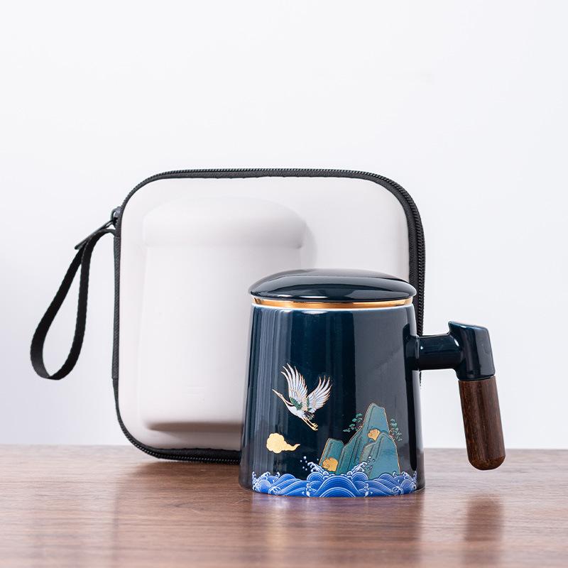 Ceramic tea cup with lid tea separation cup filter water cup creative wooden handle cup office cup gift cup Guochao