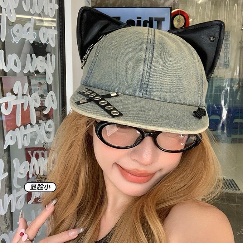 Autumn Hat Women's Big Brim Show Face Small Cap Y2k Spice Girl Wind Cat Ear Baseball Cap Retro Cowboy Hat