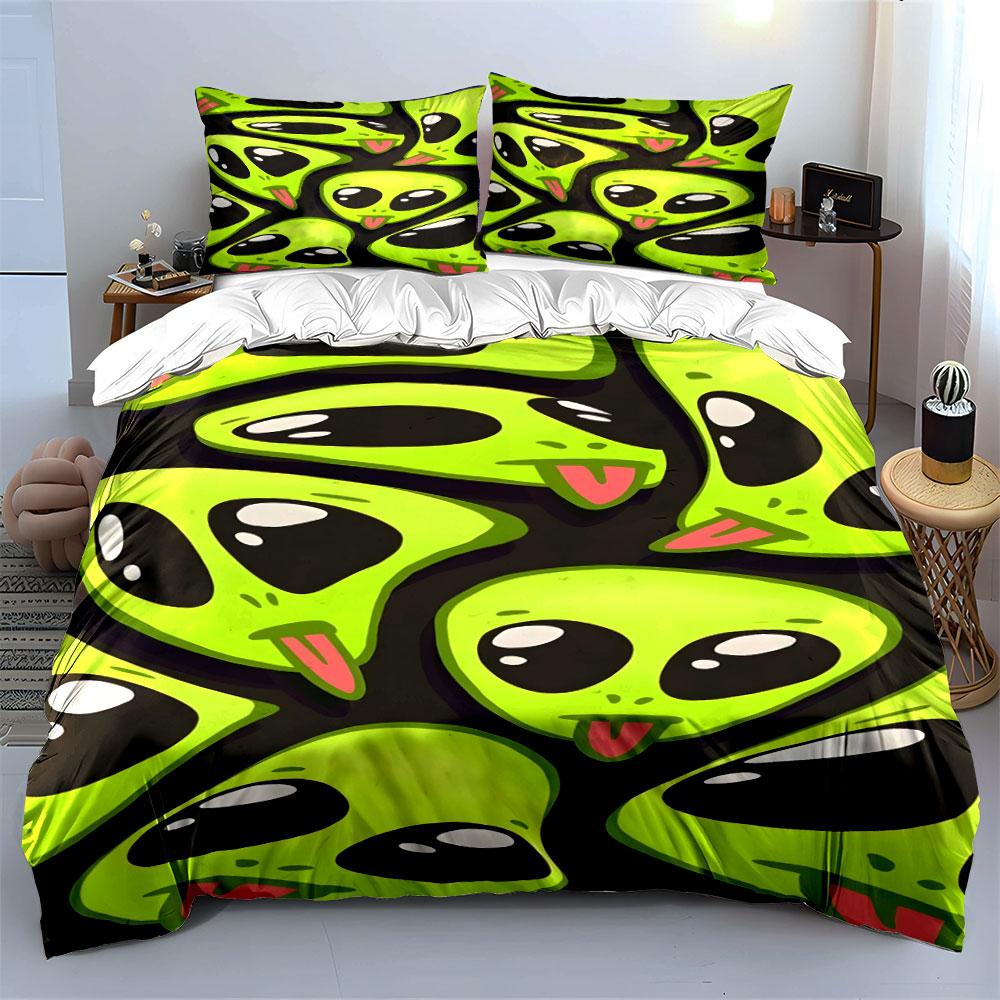 Green Alien Faces Pattern. Bedding Sets Duvet Cover Sets Duvet Covers Pillowcases(1 * Duvet Cover 2 * Pillowcases, Without Duvet Insert)