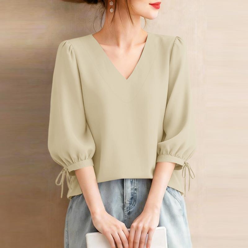 ZANZEA Women Casual V-Neck 3/4 Sleeve Loose Elegant Blouse