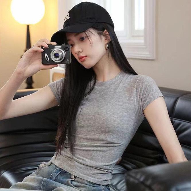 

2025 Women s Summer Fashion Slim Fit Short Sleeve Cinched Waist Tee M