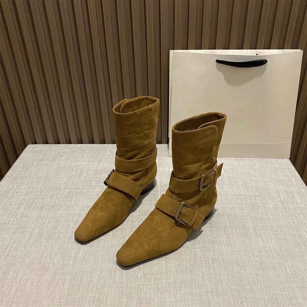 Square Head Suede Belt Buckle Short Boots Women s Thick Heel Wide Boots Western Boots Martin Boots 35
