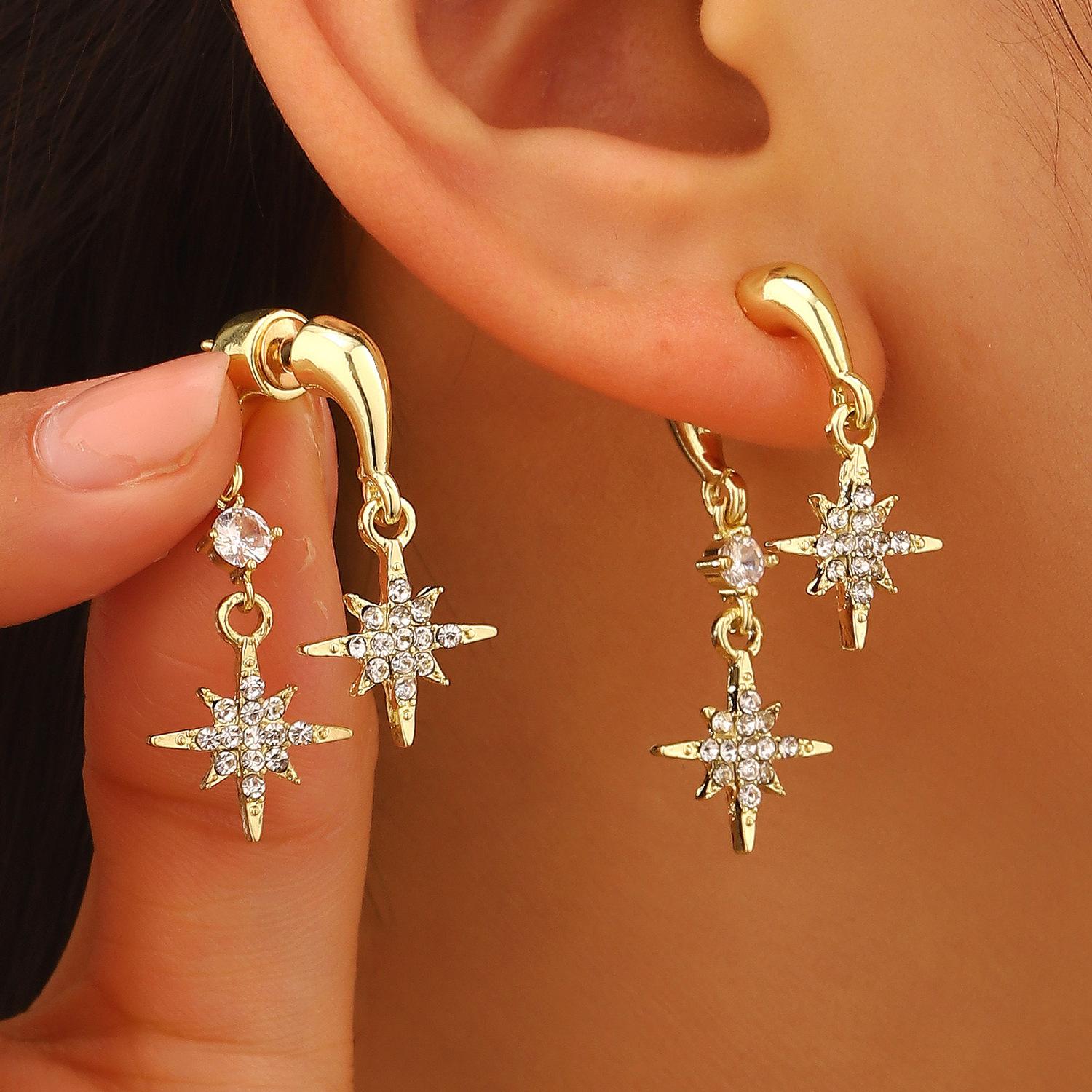 Luxury Personality Micro-inlay Zircon Octagonal Star Pendant Stud Earrings for Women Stainless Steel Jewelry Two Ways To Wear золотой