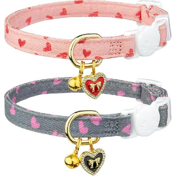 2 Pack Cotton Breakaway Cat Collar Pink Strawberries and White Heart Shaped Pendant Cute Kitten Cat Collar with Bell