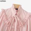 VONDA Elegant Women Bows Tie Ruffled Loose Casual Long Sleeve Blouse