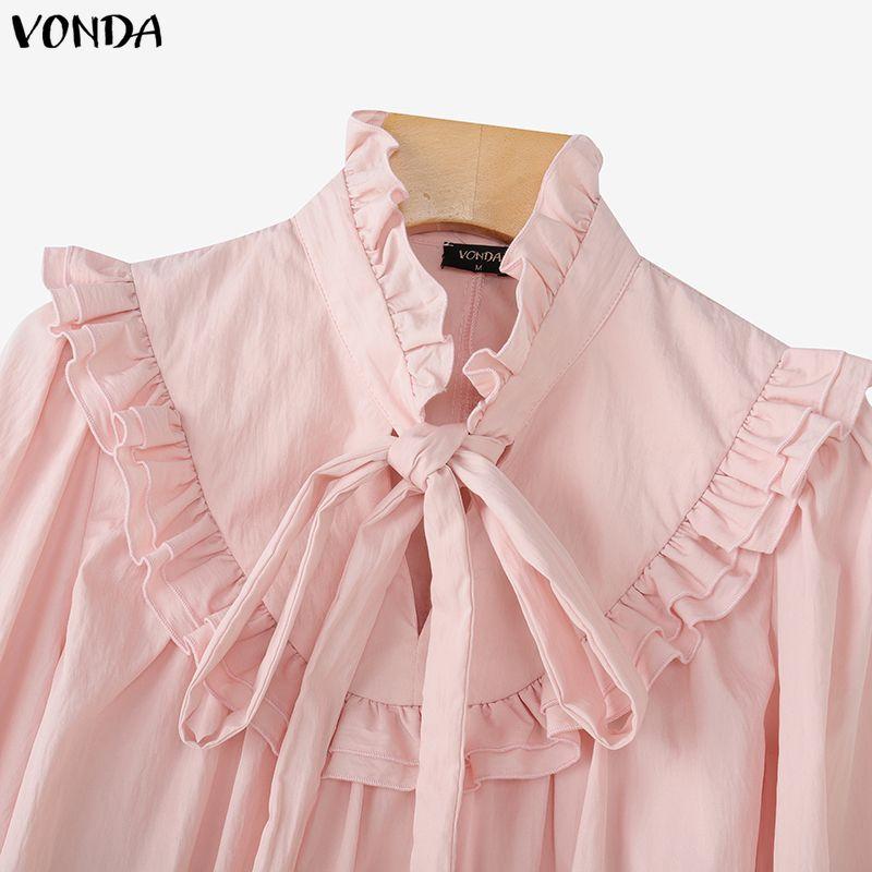 VONDA Elegant Women Bows Tie Ruffled Loose Casual Long Sleeve Blouse