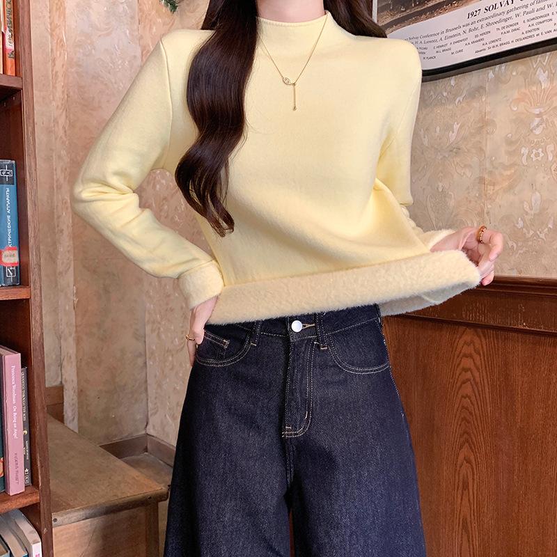 Пряжа с сердцевиной Флисовая утолщенная осенне-зимняя приталенная однотонная базовая рубашка с полувысоким воротником универсальный повседневный топ с интегрированным флисом One size fits all жёлтый 2990₽