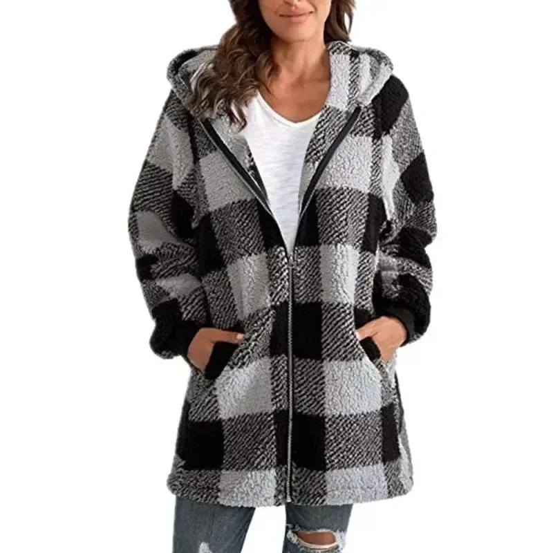 Winter Coats Woman Polar Fleece Long Sleeve Outerwear Loose Pocket Zipper Hooded Fashion Streetwear Autumn Winter Overcoat