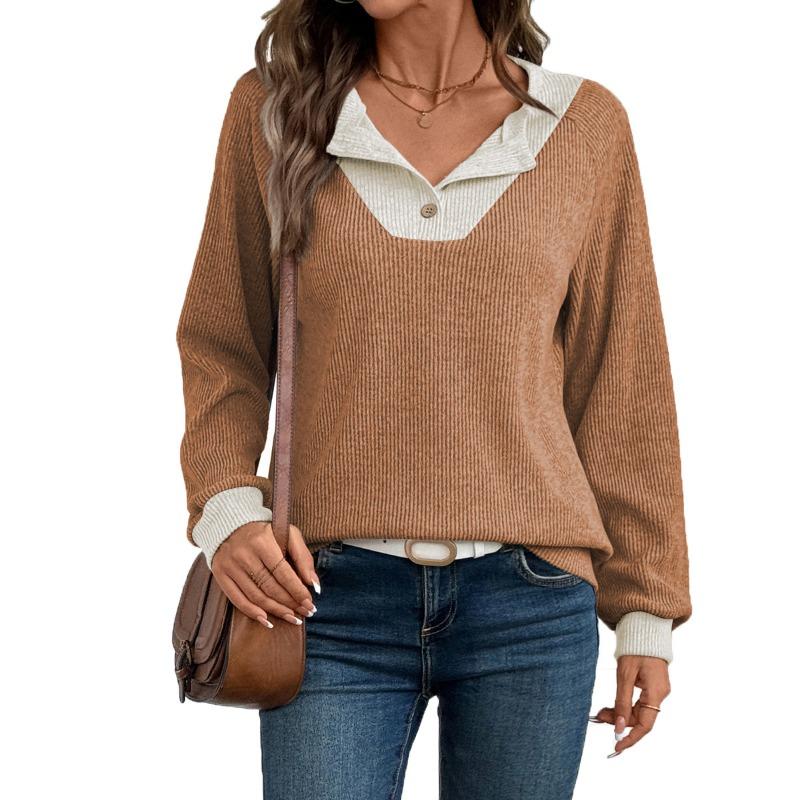 Womens Color Block V Neck Loose Long Sleeve Knit Sweater