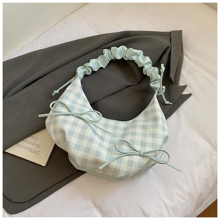 Korean Version Bow Pleated Hand Bag New Shoulder Bag Foreign Style Plaid Commuter Messenger Bag Casual Crescent Bag Tide