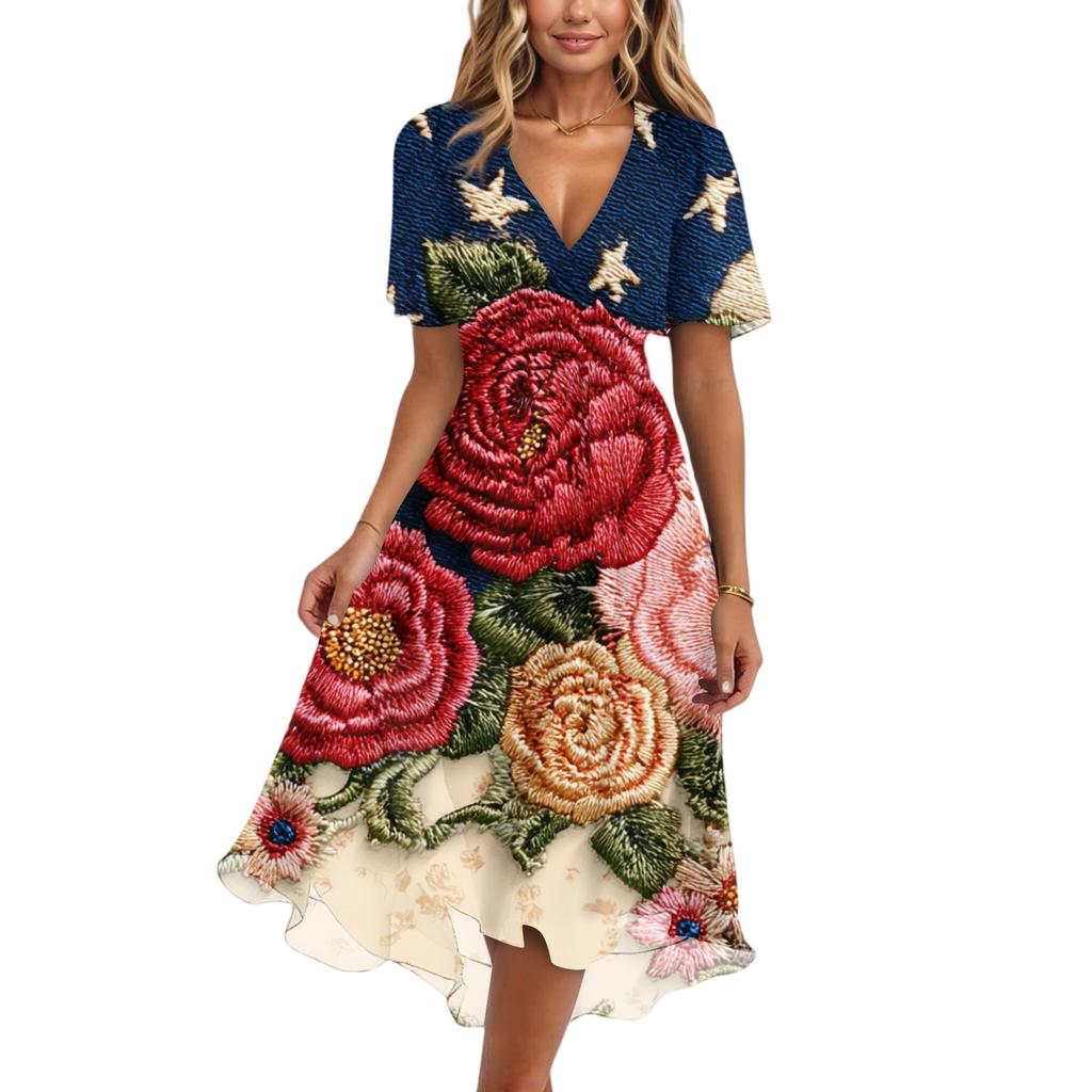 Women's Fashionable Casual V-neck Short-sleeved Independence Day Printed Dress