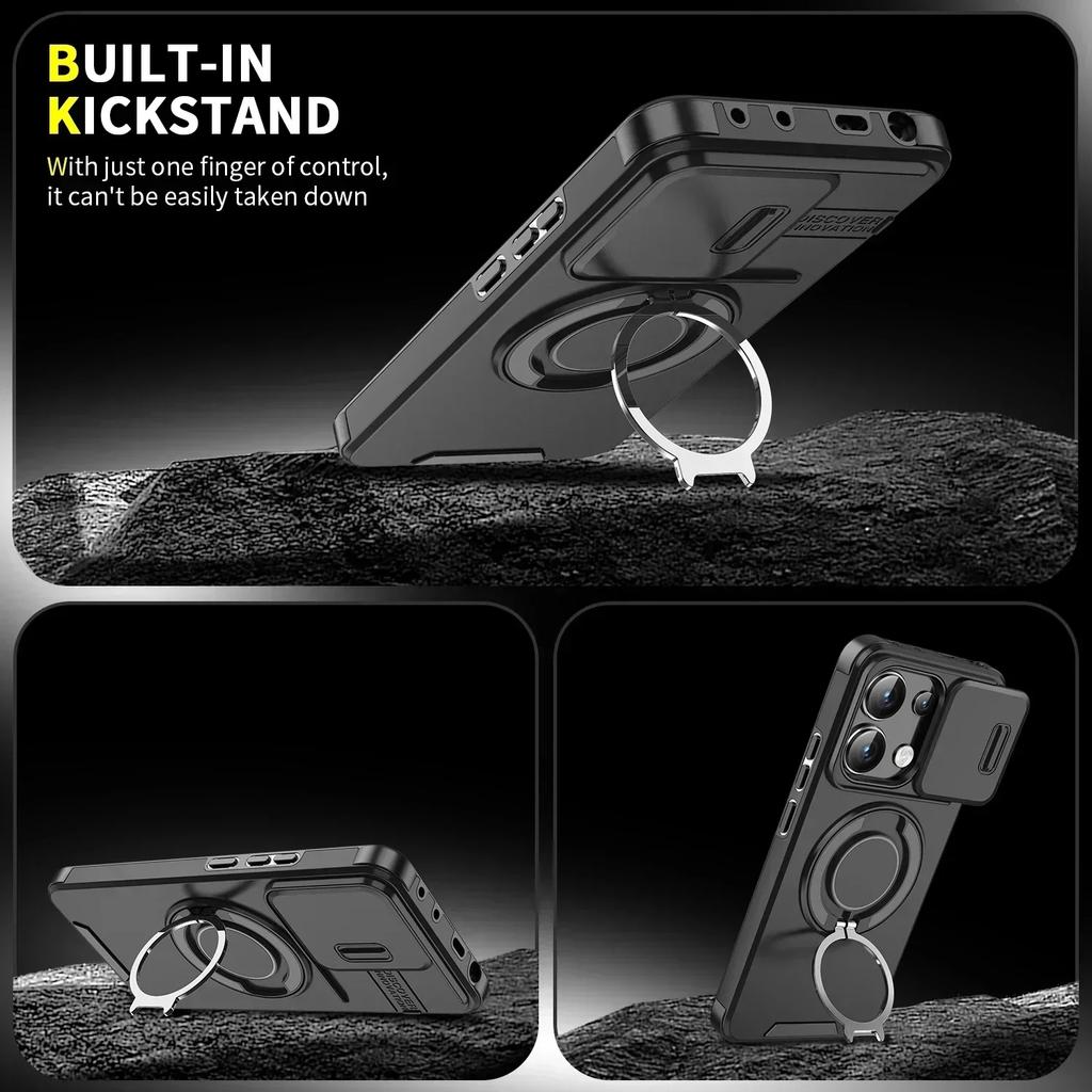 Shockproof Magnetic Case for Xiaomi 14T Pro Slide Camera Lens Metal Ring Stand Protect Cover for Redmi 13 Poco X6 Pro 4G 5G Case