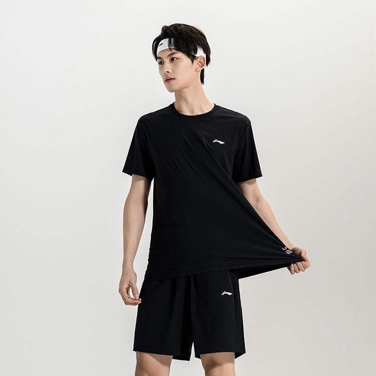 Li-Ning Minimalist Solid Color Pullover Quick-Drying Breathable Short Sleeve Tie-Up Dirt-Resistant Shorts Casual Sports Suit ATSV615-1+AKSU789-3