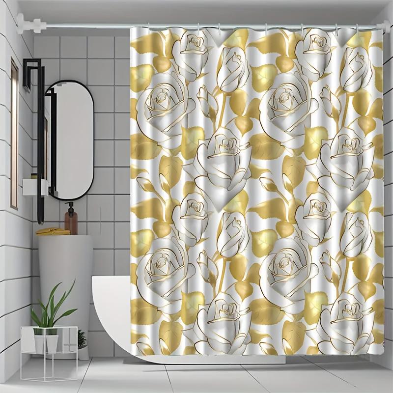Luxury Gold & White Rose Shower Curtain 72x72 Polyester Washable – Elegant Floral Print with 12 Hooks