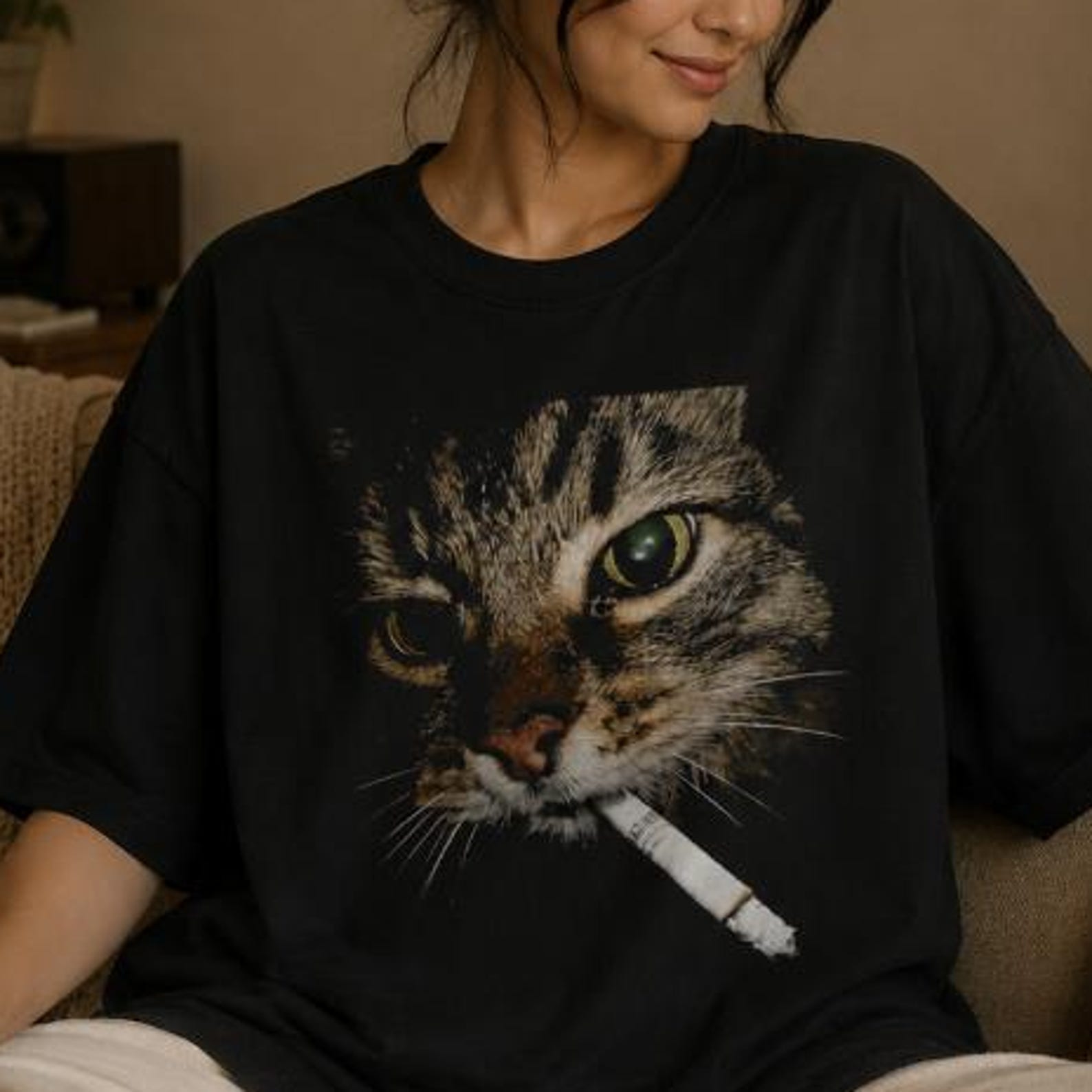 Funny Smoking CaT-Shirt, Grumpy Cat Graphic Tee, Vintage Cat Lover T-Shirt, Meme Cat Gift, Gildan 5000 Unisex Tee S