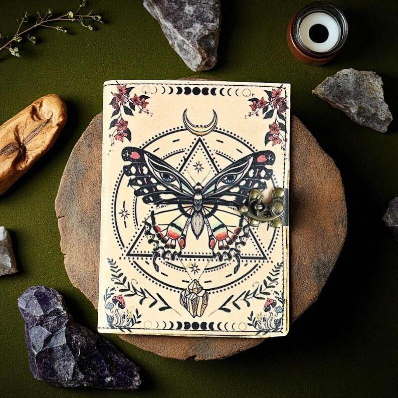 Luna Moth Leather Book of Shadows | Chakra Spell Journal | Leather Witchcraft Grimoire | Witchy Gift | Handmade Notebook