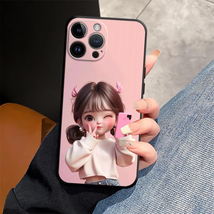 Cartoon Cute Girl Case for iPhone 7 8 15 16 14 Plus Air XS Max XR 13 12 11 17 Pro Max Black Soft Phone Cover