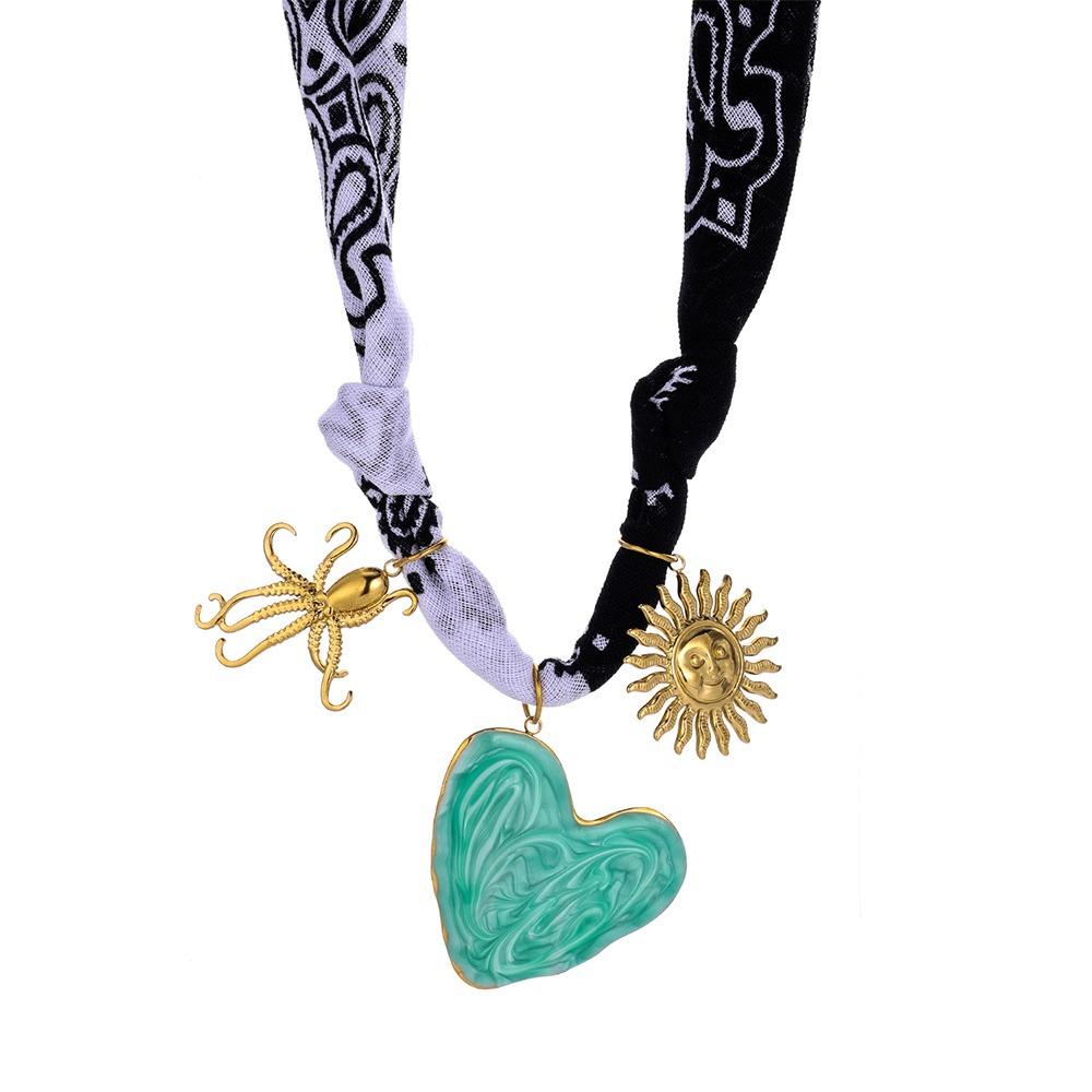 Vintage Cloth Wrap Scarf Necklace Stainless Steel Charm Pendant  Beach Jewelry