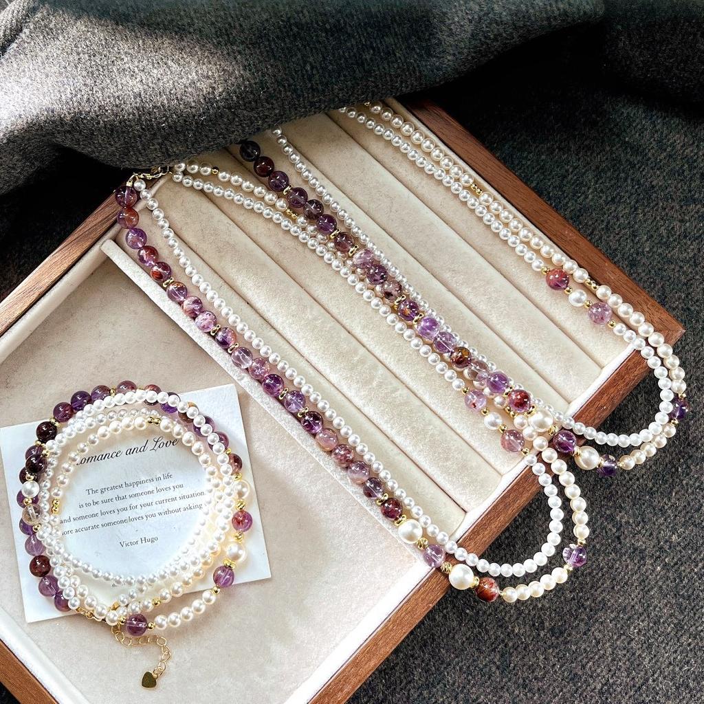 High Quality Natural Purple Ghost Faux Crystal Pearl Double Necklace Clavicle Chain