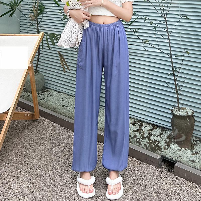 Pantaloni de pijama din bumbac mătase pentru femei, secțiune subțire de vară, anti-țânțari, pantaloni cu picior lat, culoare uni, pentru exterior, casă, petrecere a timpului liber, imprimeu, pantaloni de plajă până la genunchi