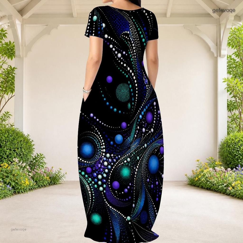 Women Plus Size Round Neck Short Sleeve Heart Gem Printed Green Loose Long Dress With Side Pockets