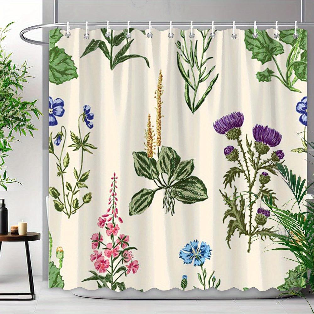 Vintage Botanical Flower Shower Curtain - Hand-Painted Flowers & Greenery, Nature-Inspired Bathroom Decor, All-Season W90xH180cm