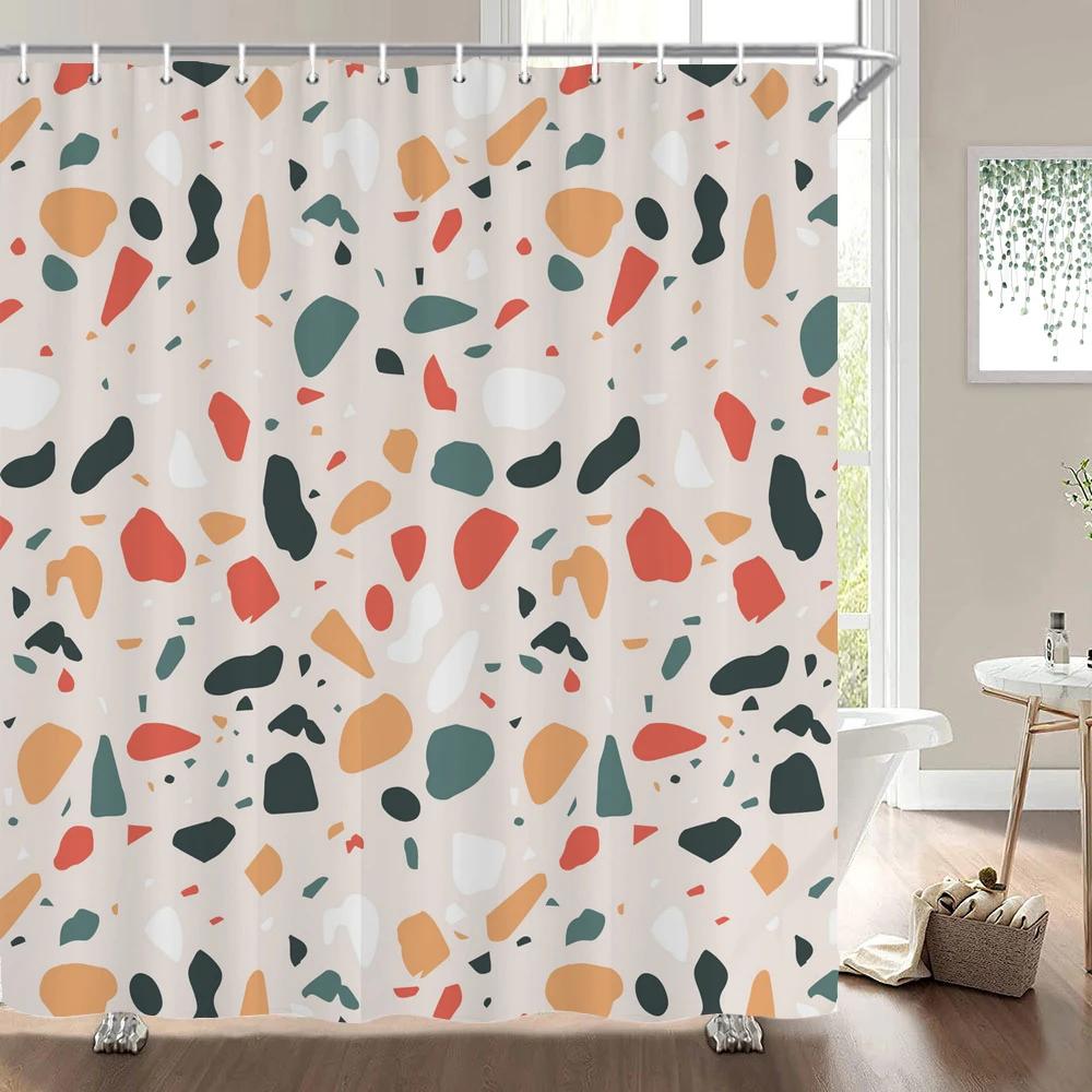 Small Stone Printed Shower Curtain Pebble Spots Pattern Bath Curtain Waterproof Bath Screen With Hooks For Home Bathroom Decor