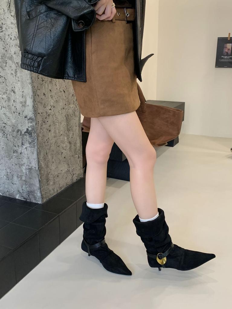 2025 niche pointed western boots folded stacking boots autumn and winter new fashion temperament thin high heel medium boots