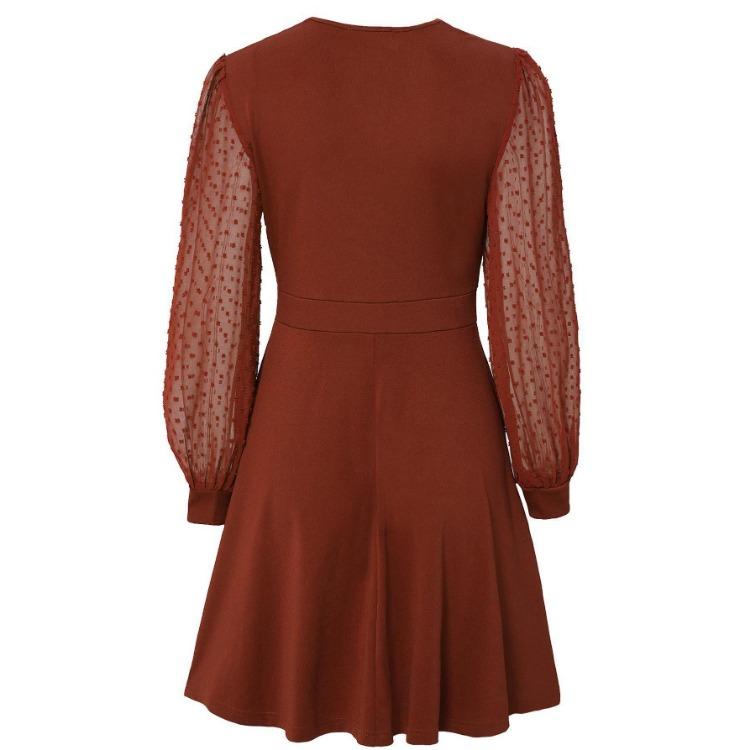 Summer Women Casual V-Neck Long Sleeve A-Line Dress High Waist Above Knee Solid Color Jacquard Dresses Spring S-XL