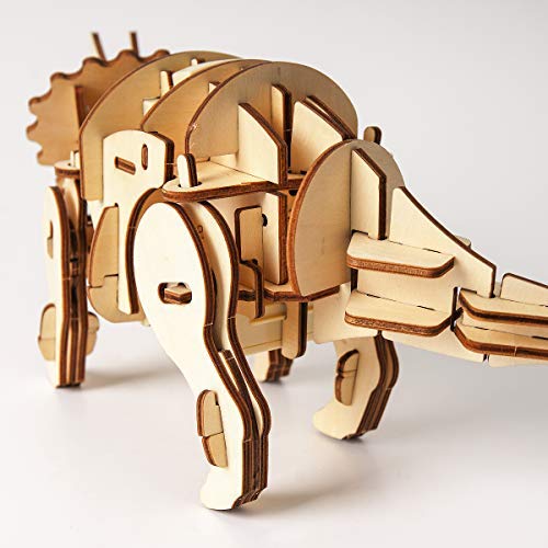 Tsukurundesu® Battery-Operated 3D Wooden Puzzle Dinosaur Series (D400 Triceratops) with Japanese Instructions