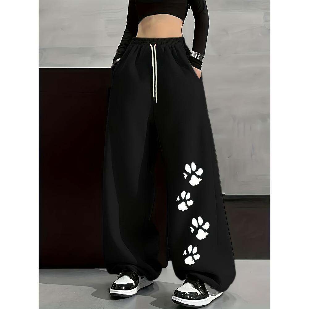 Sommer Damen Street Style Lässige Jogginghose mit Katzenpfoten-Aufdruck Frühling und Herbst Passform Streetwear