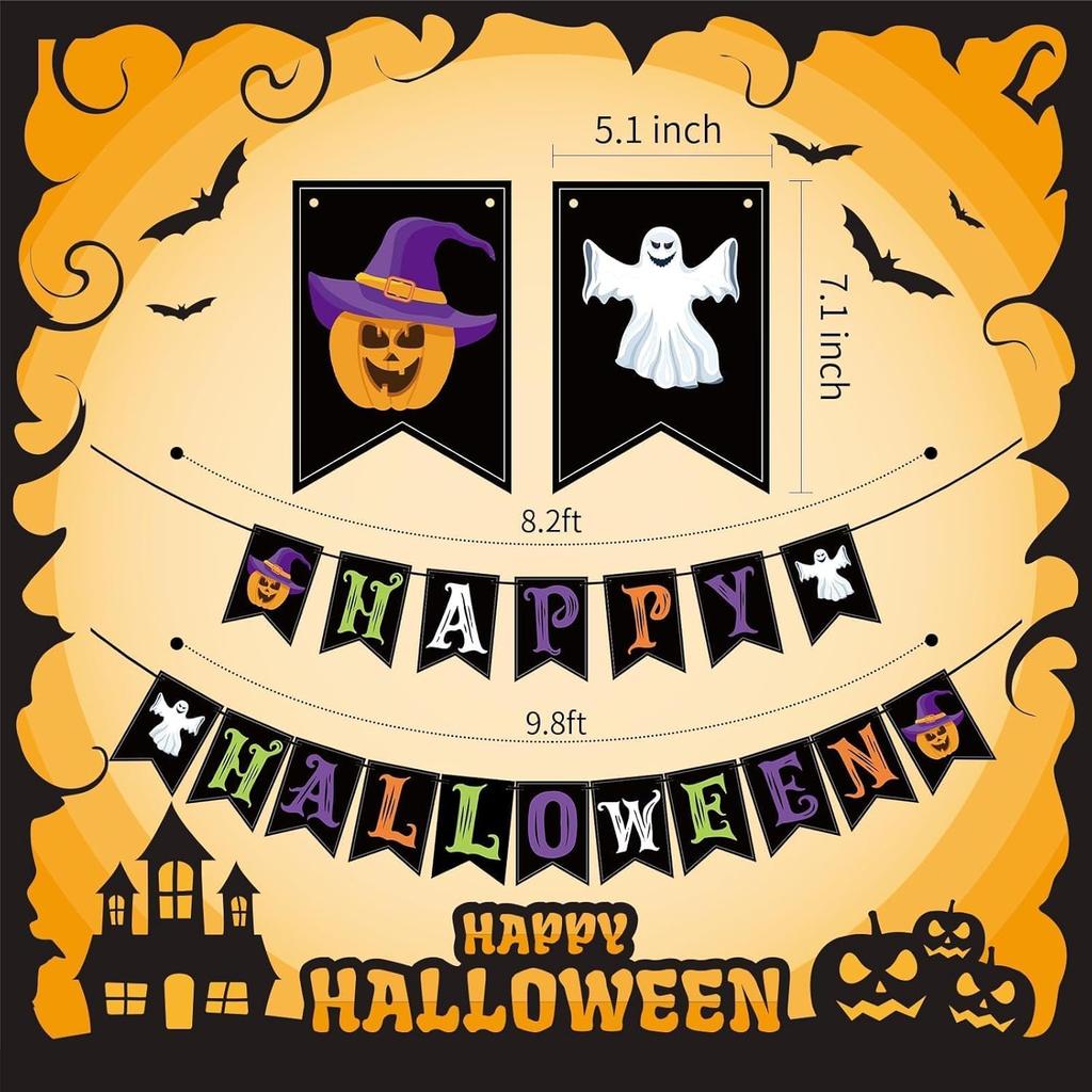 Halloween Decorations Indoor for Party, Happy Halloween Banner Decor, Scary Hanging Banner with Pumpkin Ghost Decorations for Office Home Room Mantel