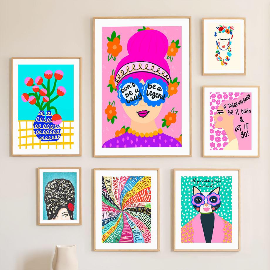 Flower Girl Miss Cat Colorata Pop Art Soggiorno Decorazione Poster e stampe Wall Art Canvas Painting Pictures Home Decor