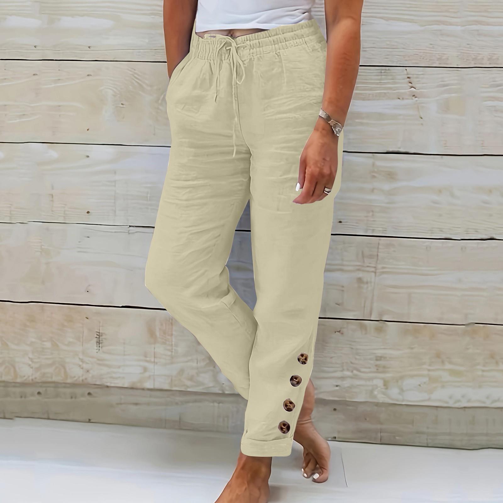 

Женские летние эластичные поясные карманы с карманами, однотонные хлопковые льняные широкие брюки, свободные брюки с девятью очками XXXL хаки