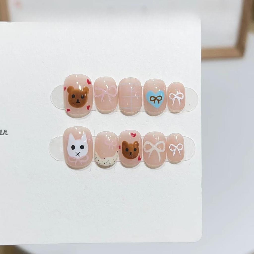 Pure Hand-woven Armor Short Nude Color Hand-painted Cartoon French Cute Animal Manicure Removable Fake Nail Patch