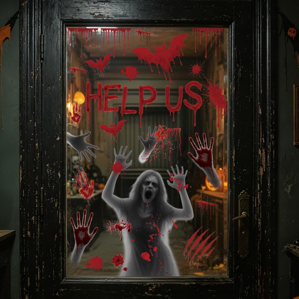 Halloween Electrostatic Window Clings with Scary, Bloody Handprint and Bloodstain Designs, Halloween Window Decals for Party Decorations