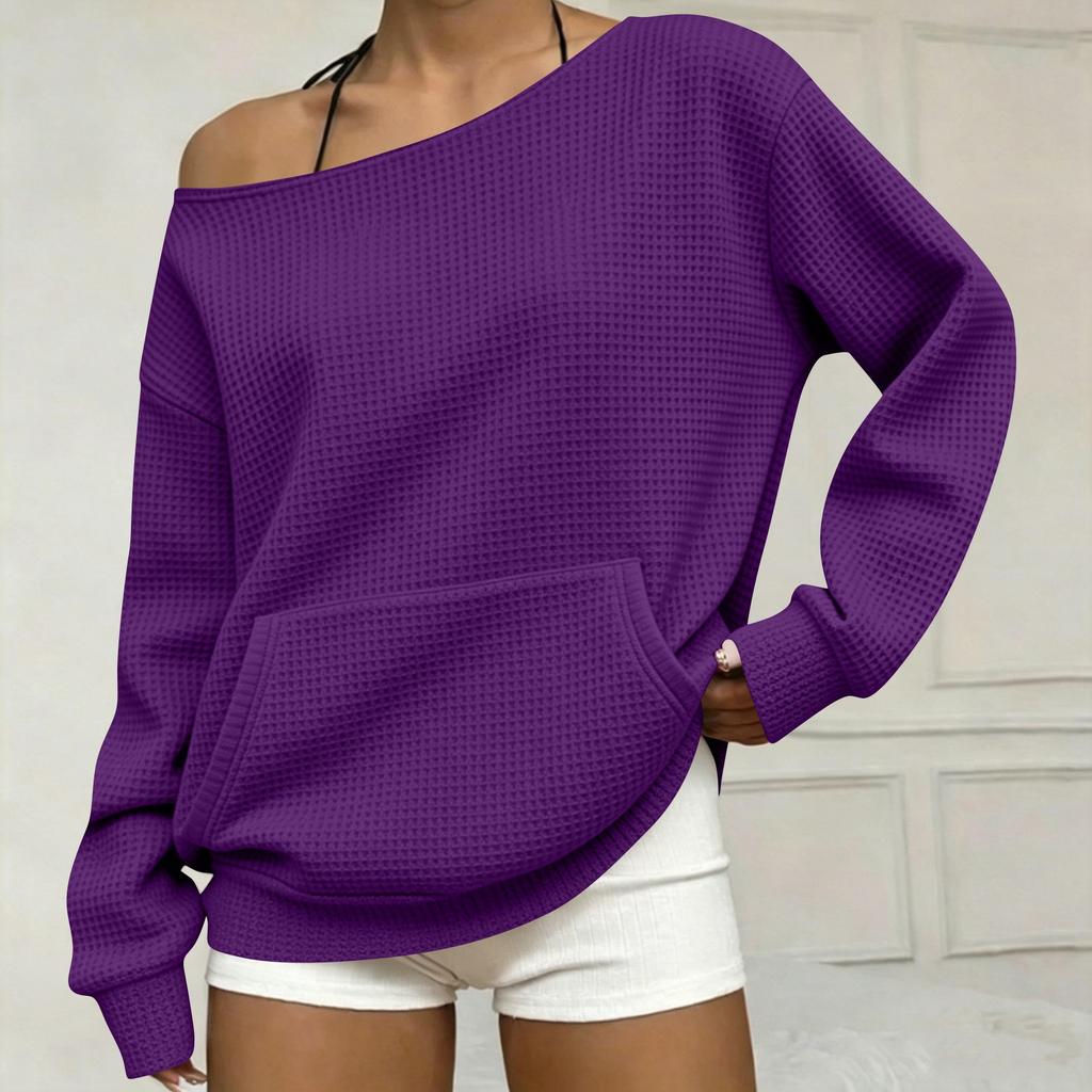 Women's Fashion Casual Off-Shoulder Long Sleeve Knit Sweatshirt with Pockets