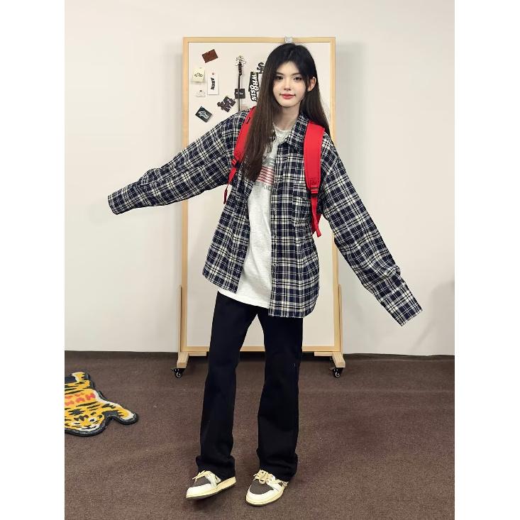 2024 Plaid Long Sleeve Shirt Japanese Hong Kong Style Ins Loose Shirt Boys Summer Trendy Versatile Casual Coat