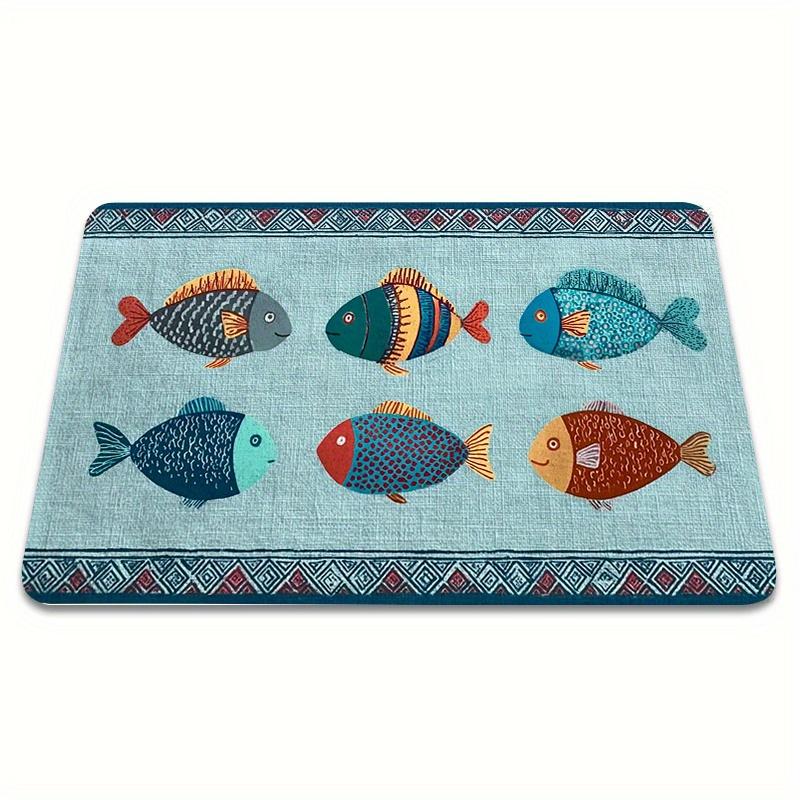 Ethnic Colorful Fish Bath Mat Boho Geometric Border Water Absorbent Non Slip Coastal Ocean Bathroom Front Door Decor Rug