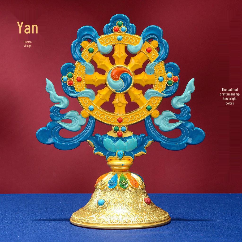 Tibetan Auspicious Symbols: Eight Treasures Golden Wheel Ornament for Home Altar Decoration