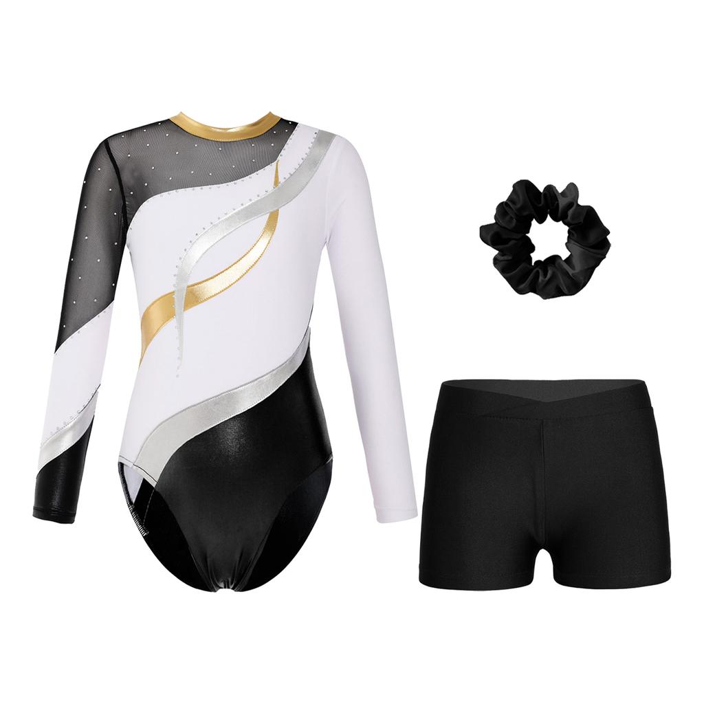 Girls Gymnastics Outfit Long Sleeve Rhinestone Leotard Cutout Back Patchwork Design with Waistband Shorts