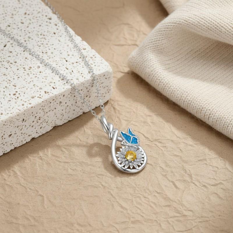 Elegant Butterfly Sunflower Pendant Necklace Women - Plated Copper Lightweight Chic Statement Jewelry