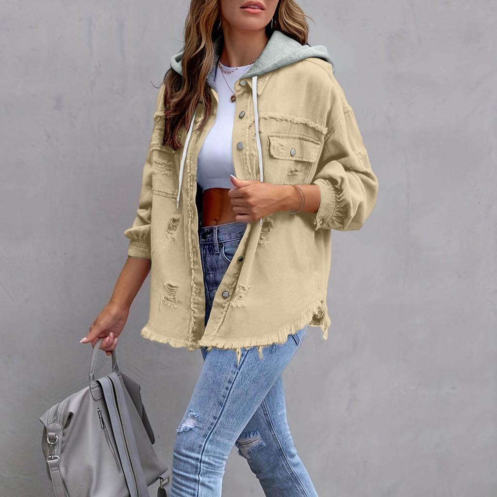 Women's Fashionable Casual Loose,fitting Distressed Patchwork Mid,length Denim Jacket