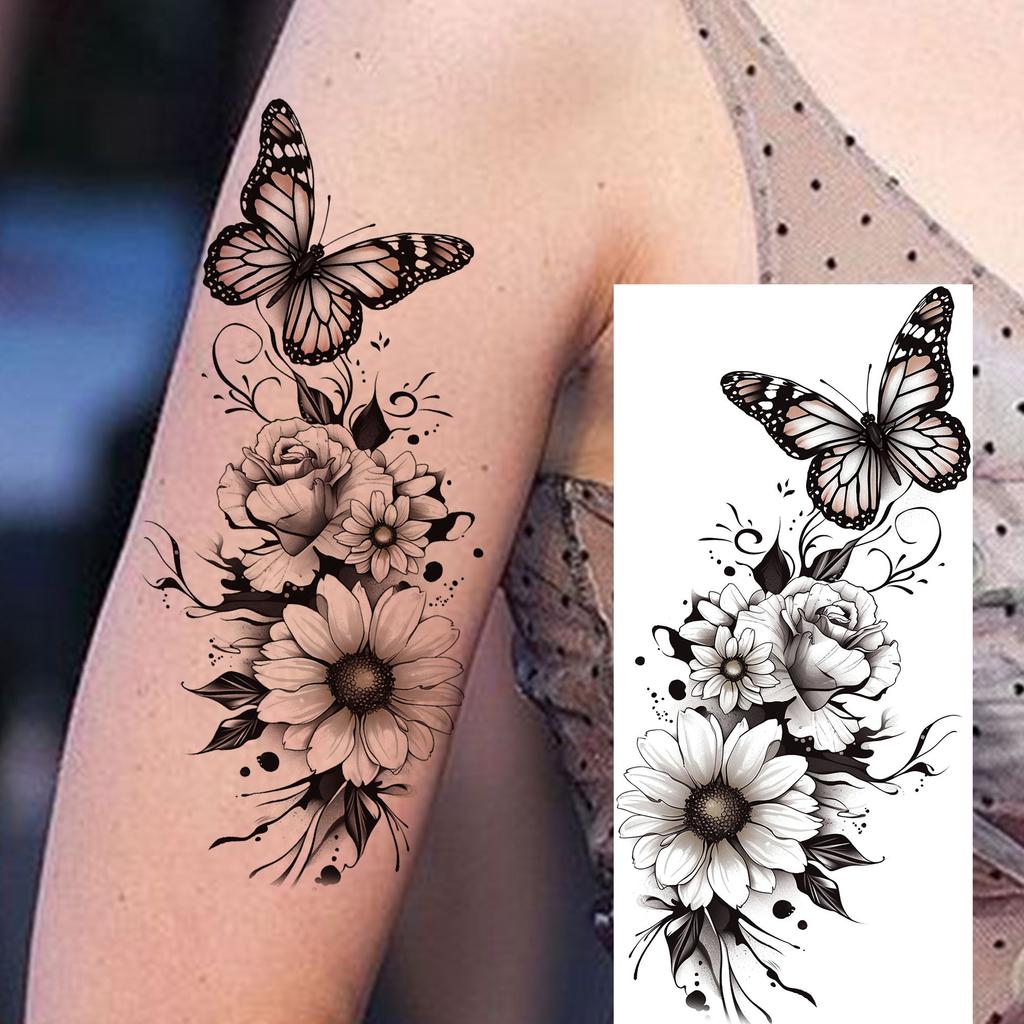 1 Sheet Realistic Butterfly Snake Flowers Temporary Tattoos Waterproof Long Lasting 3D Temp Fake Tattoo Sticker For Women Girls