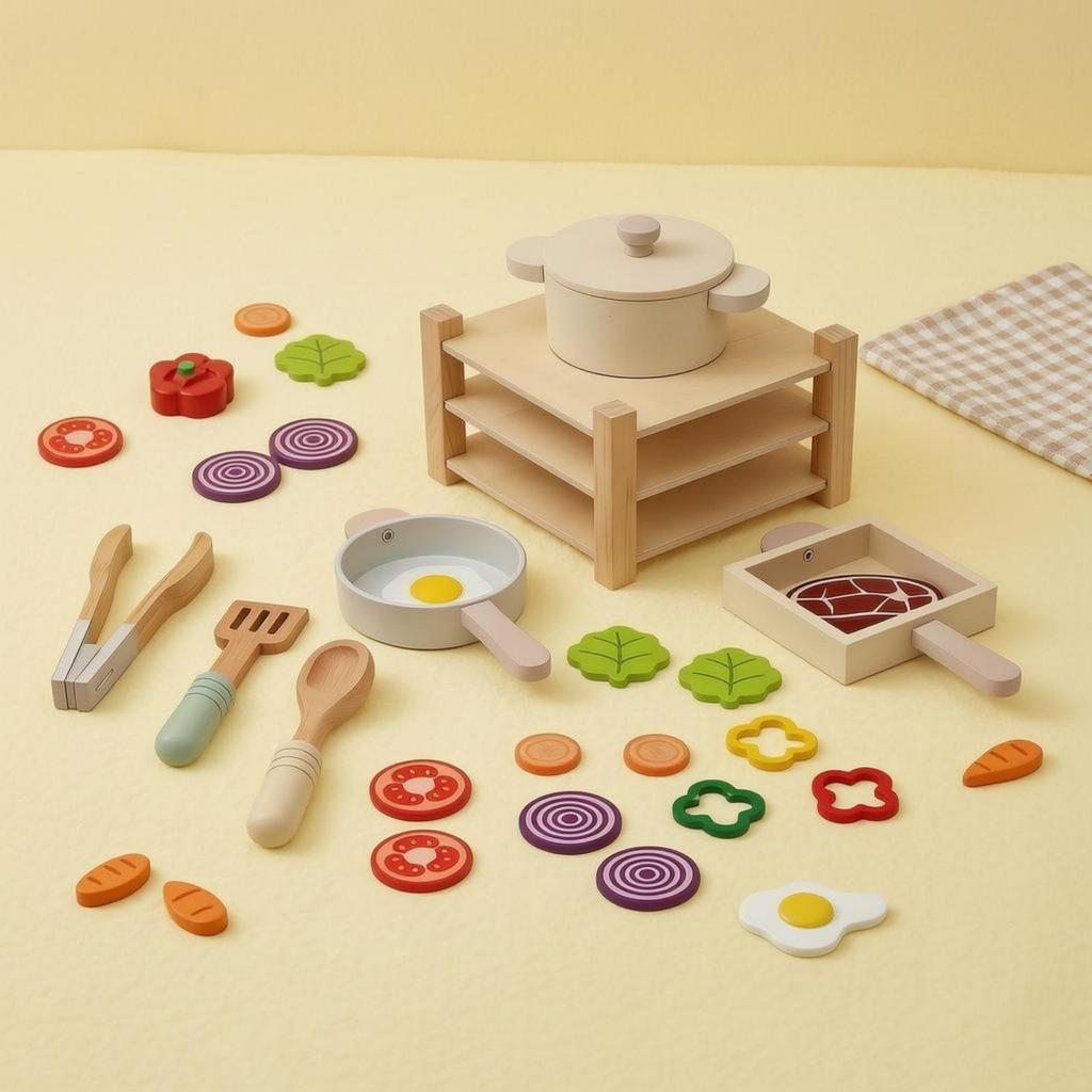 Wooden Play Kitchen Rounded Shapes Cooking Set FoodShaped RolePlay